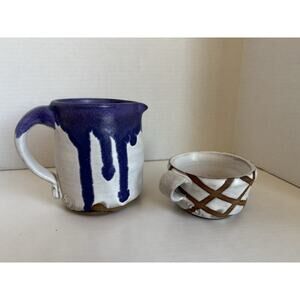 Art Studio Handmade Pottery Tea Coffee Purple White Set Of 2 Pitcher & Cup